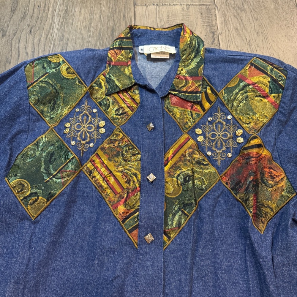 Vintage Cache Denim Button Down Shirt Medium Embellished Western Blouse - Picture 2 of 10